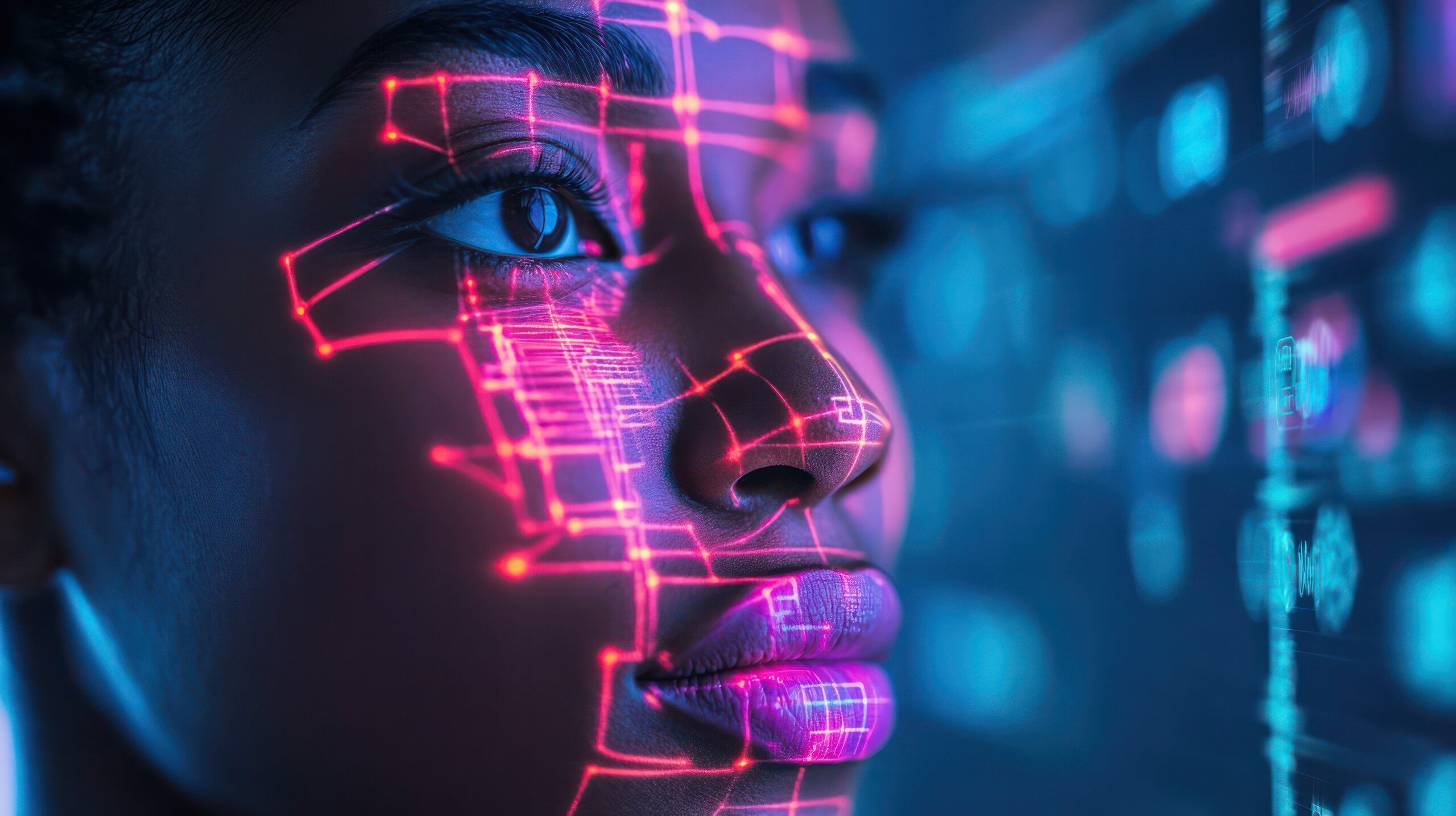 Nahaufnahme eines Gesichts mit leuchtenden digitalen Linien als Symbol für künstliche Intelligenz und Gesichtserkennung.