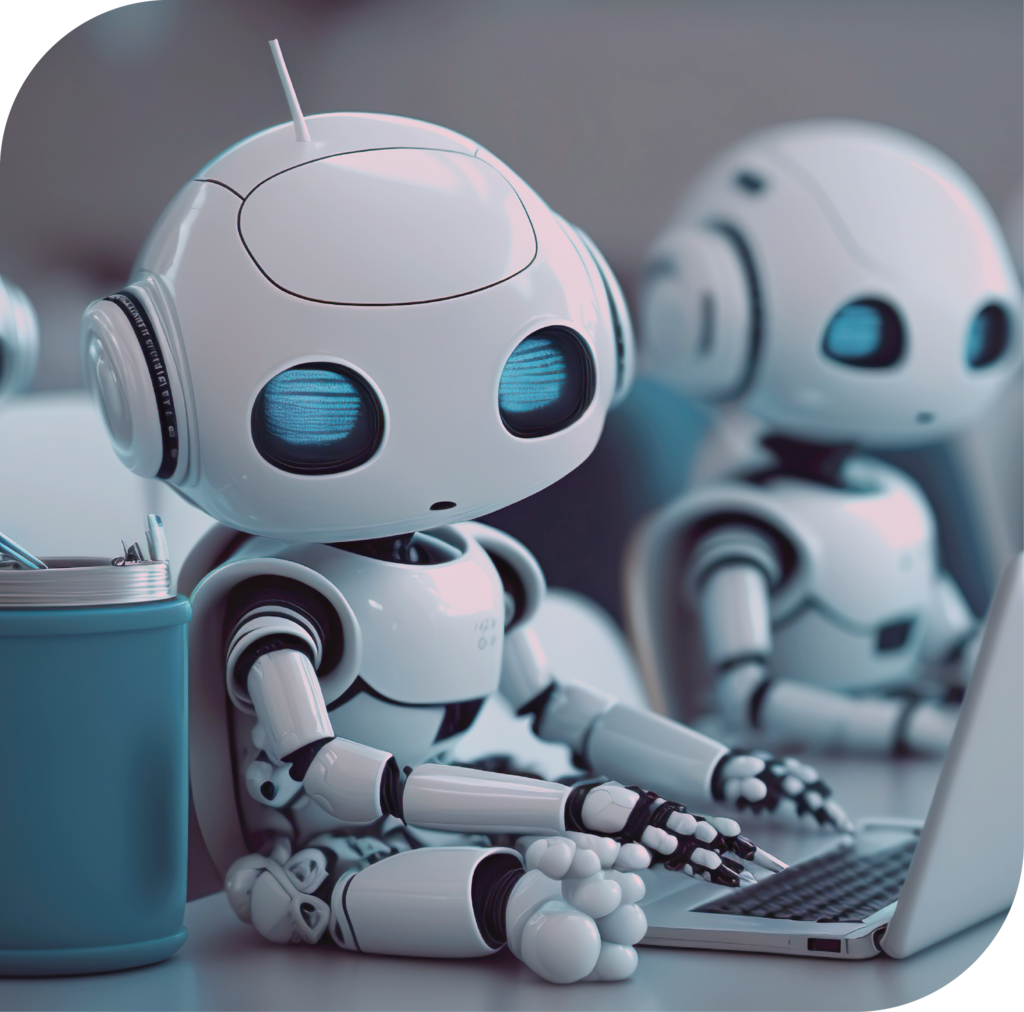 Kleine Roboter sitzen an Laptops und verarbeiten digitale Informationen.