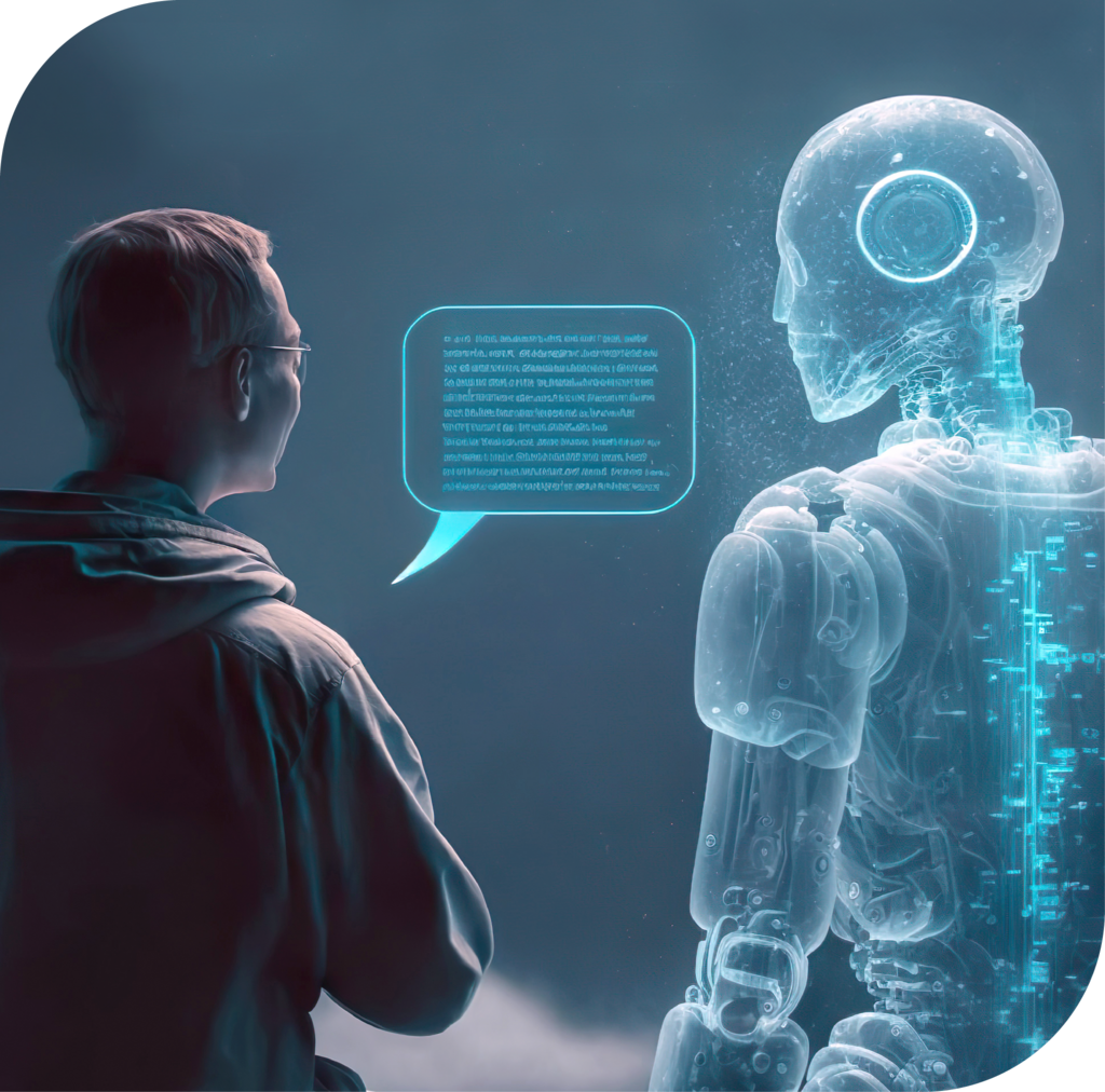 Mensch spricht mit humanoidem Roboter als Symbol für künstliche Intelligenz.