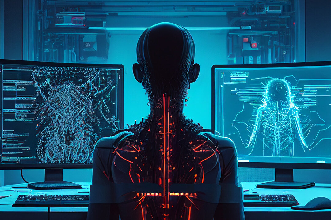 Cyborg sitzt an Schreibtisch mit Bildschirmen