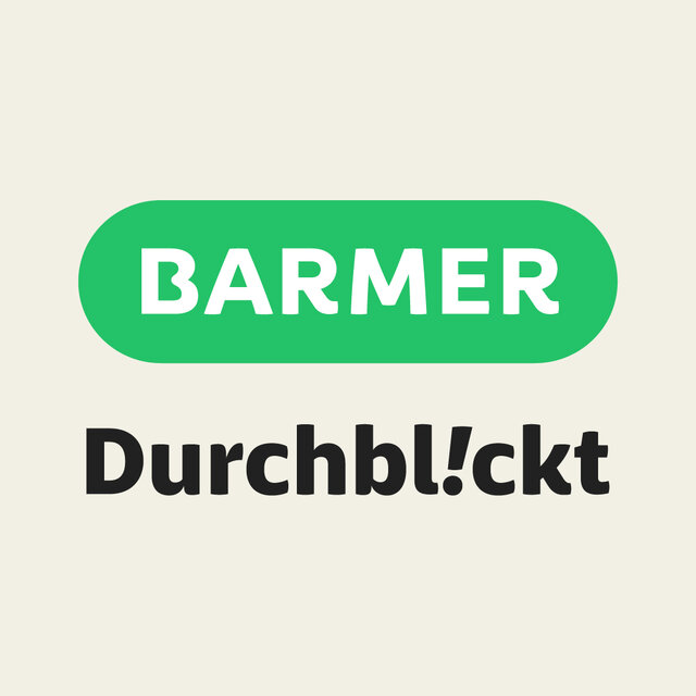 BARMER Durchblickt Logo, grünes Badge mit weißem Text auf beigem Hintergrund
