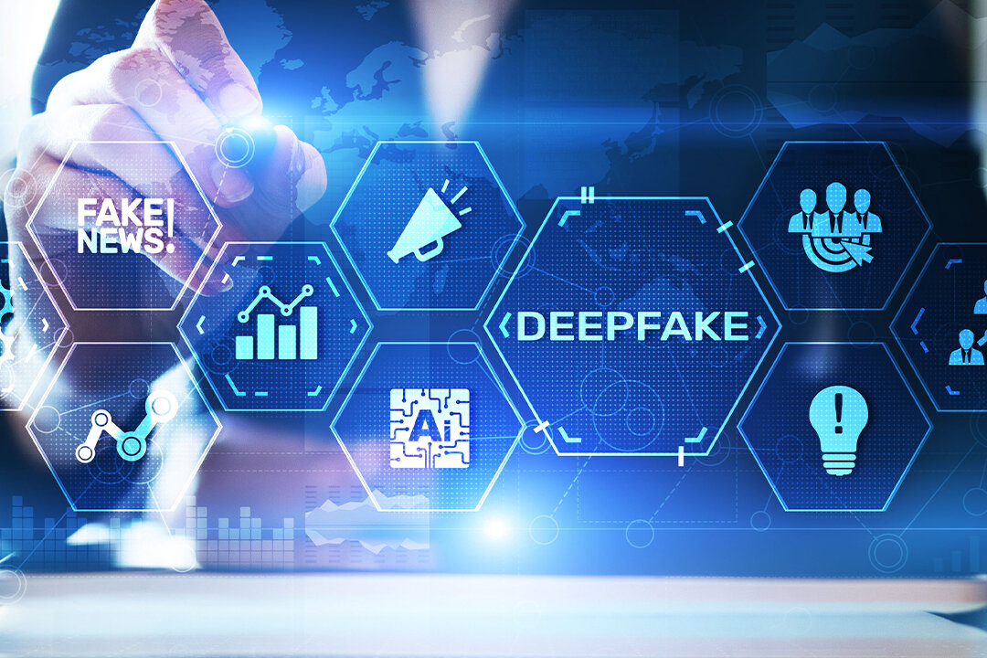 Digitale Darstellung mit Symbolen und Schriftzug ‚Deepfake‘, die auf Fake News und künstliche Intelligenz hinweisen.