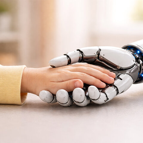 Kinderhand liegt vertrauensvoll in einer Roboterhand; das Motiv symbolisiert Nähe, Vertrauen und den Umgang von Kindern mit künstlicher Intelligenz. 20260625_DGK_Wenn-KI-Chatbots-zur-Vertrauensperson-werden_header-teaser-2.jpg