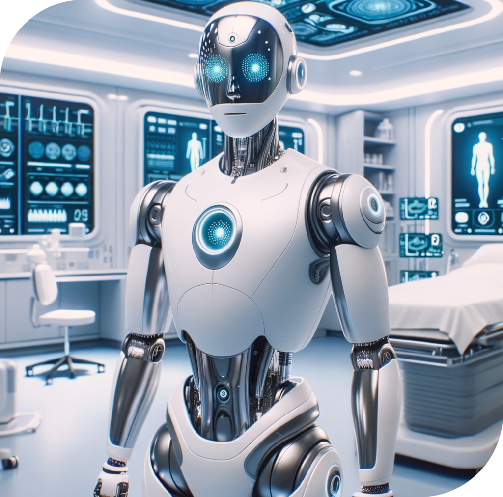 Humanoider Roboter in medizinischem Raum als Symbol für KI im Gesundheitswesen.