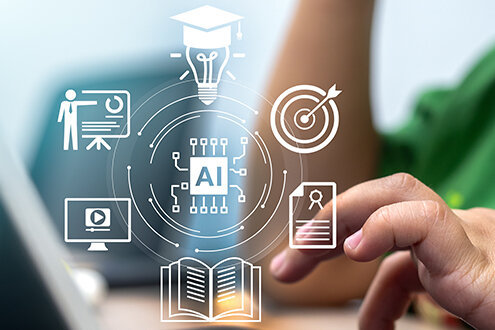 Kind arbeitet am Laptop, während digitale Symbole zu künstlicher Intelligenz und Lernen über dem Bildschirm eingeblendet sind.