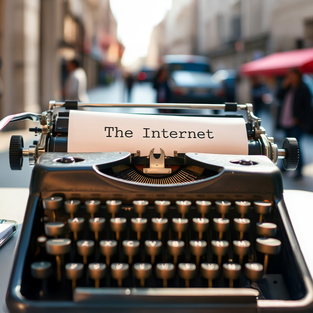Eine alte Schreibmaschine. "The Internet" steht in alten Lettern auf dem Papier. DGK_Artikel-09.02_History-of-the-Internet.jpg