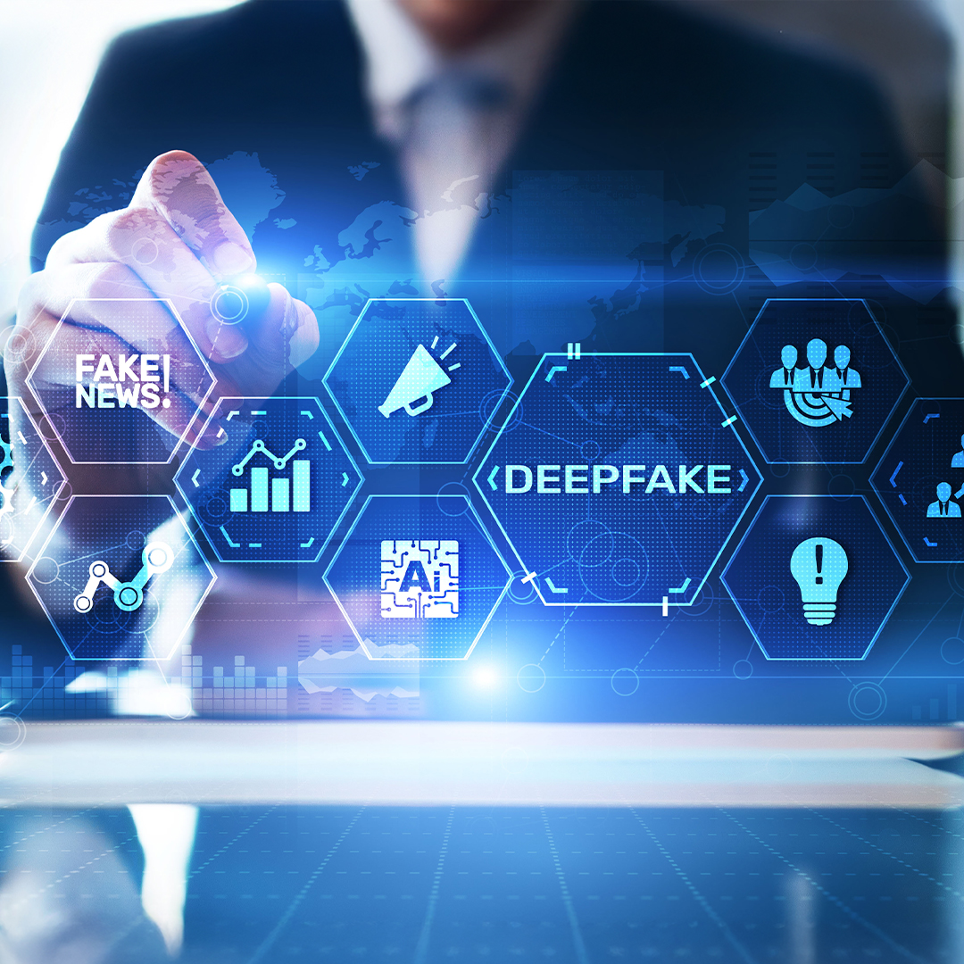 Digitale Darstellung mit Symbolen und Schriftzug ‚Deepfake‘, die auf Fake News und künstliche Intelligenz hinweisen. DGK_Artikel-14_Deep-Fakes.jpg