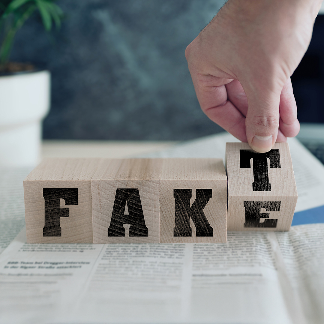 Vier Holzwürfel mit Buchstaben bilden ein Wort. Eine Hand bewegt den letzten Würfel, so dass man "Fake" oder "Fakt" lesen kann. DGK_Artikel-05A_Source-criticism-Web-sites.jpg
