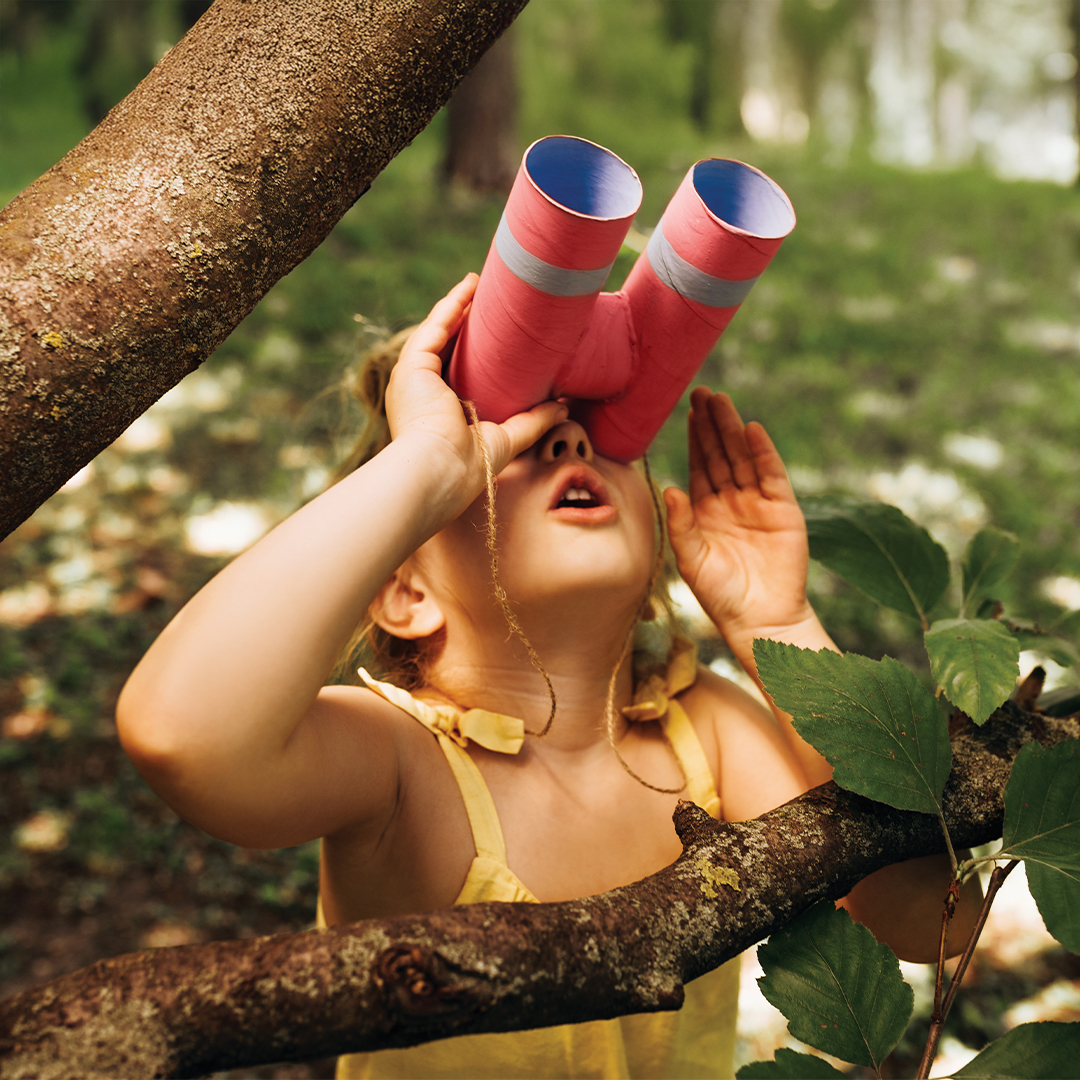 Kleines Mädchen schaut im Wald durch eine selbst gebastelte Papprohr-Fernglas in die Ferne DGK_Artikel-01.01_Learning-Types.jpg