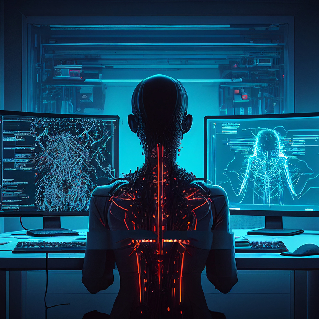 Cyborg sitzt an Schreibtisch mit Bildschirmen DGK_Beitraege_Eltern_KI_E-header.jpg