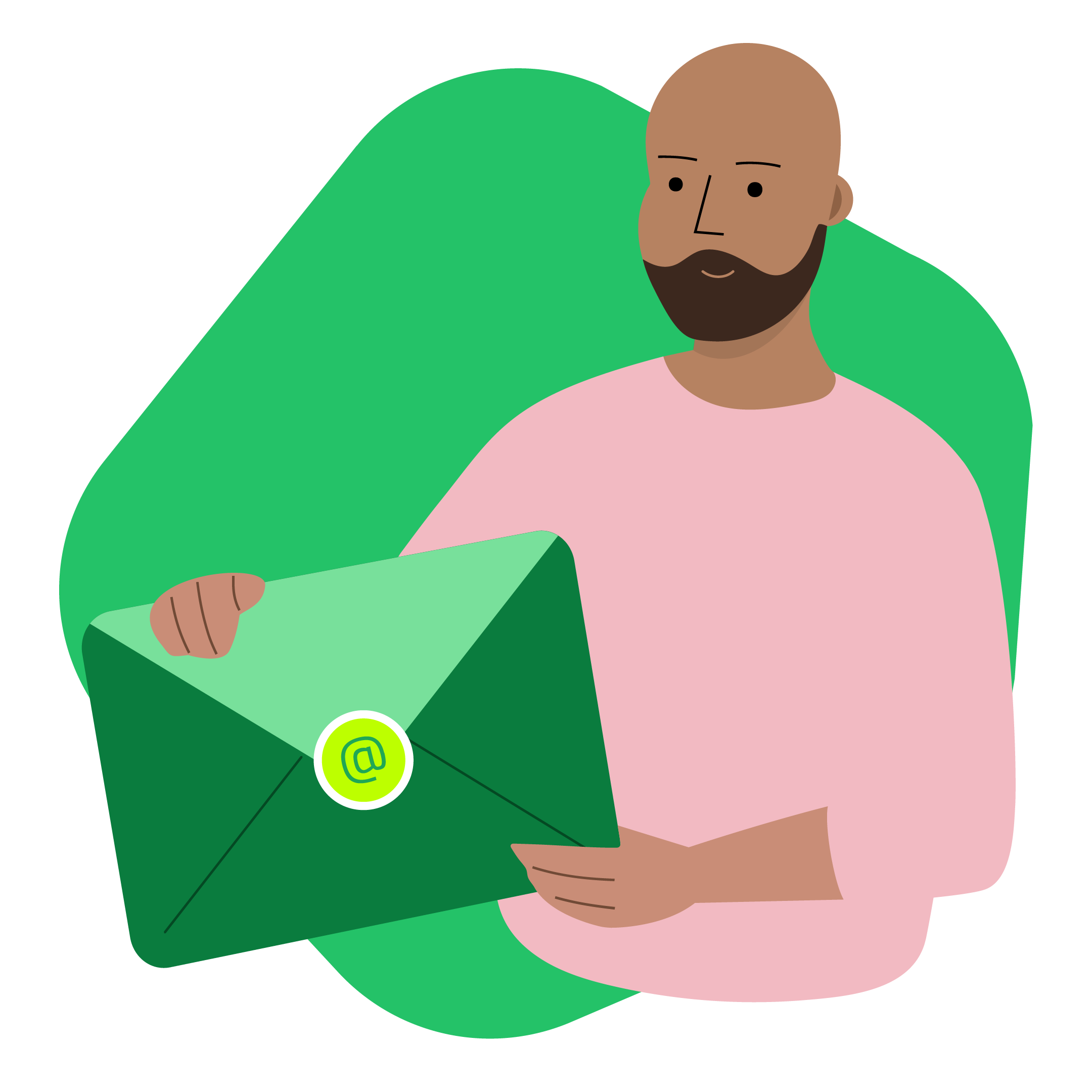Mann mit Vollbart und rosafarbenem Shirt hält einen grünen Briefumschlag mit @ Symbol – Newsletter, E-Mail-Kommunikation, digitale Kontaktaufnahme, Gesundheitsinformationen