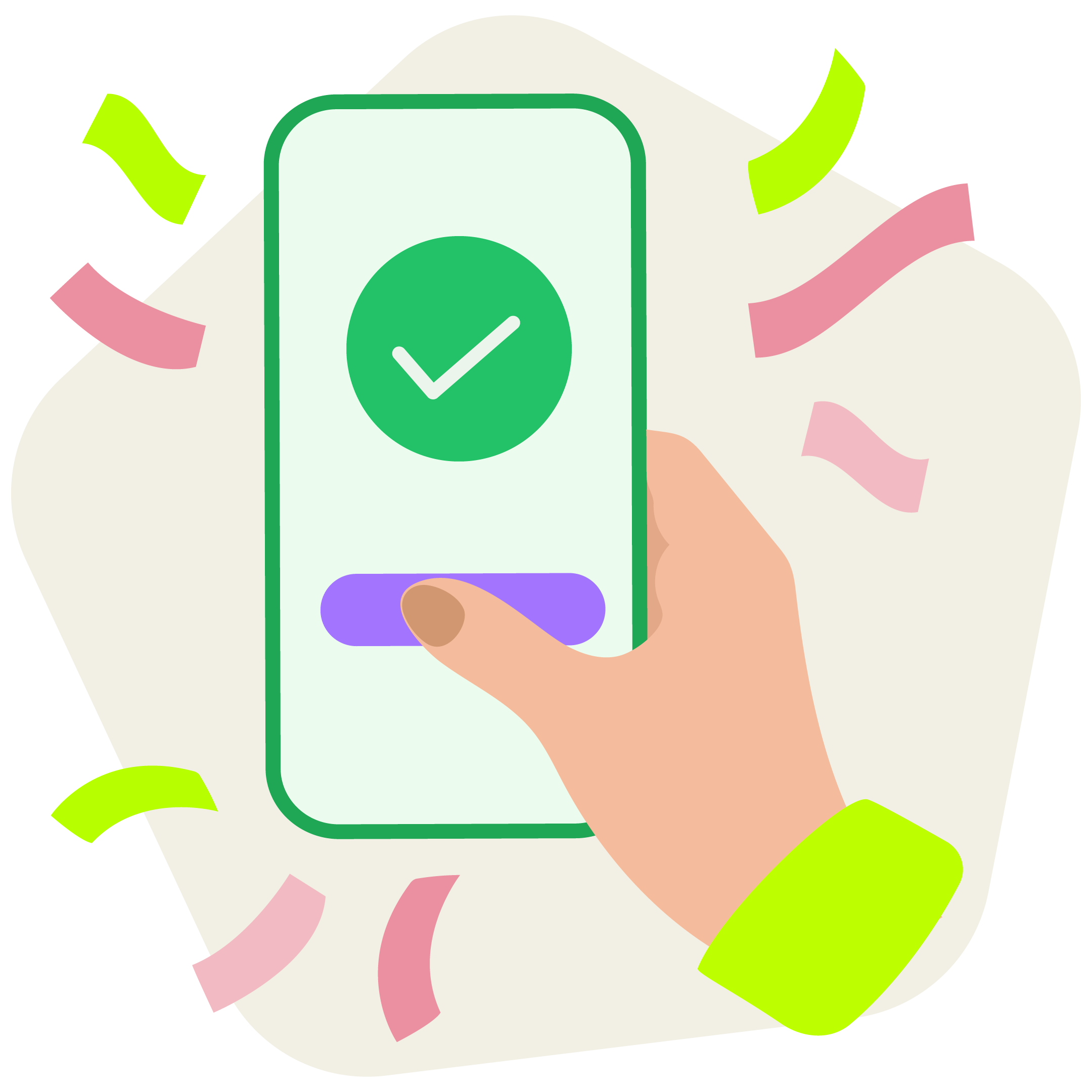 Smartphone mit grünem Häkchen-Symbol zeigt erfolgreiche Fortbildungs-Bestätigung, Hand tippt auf Bestätigungs-Button, Konfetti-Dekoration