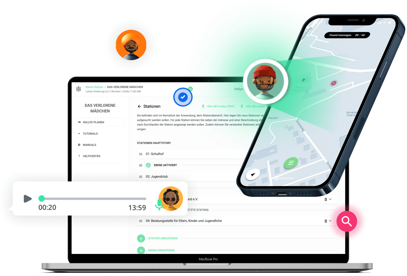 Nebolus-Rallye-Plattform: MacBook-Desktop mit Stationenverwaltung, iPhone zeigt GPS-Karte und Spielfortschritt, ortsbasierte Schatzsuche