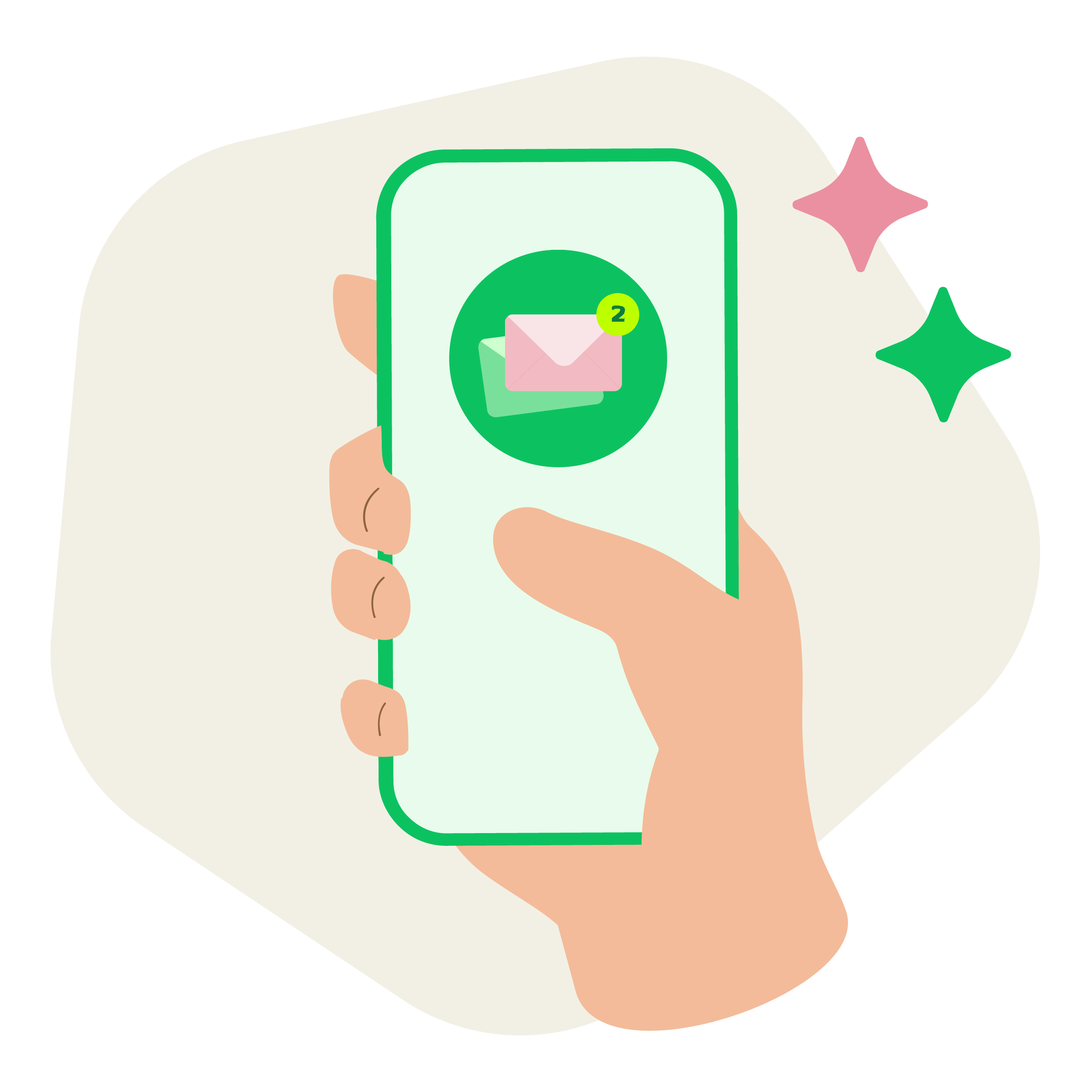 Illsutration: Hand mit grünem Smartphone, rosa Envelope-Icon mit 2 Benachrichtigungen, Newsletter-Anmeldung