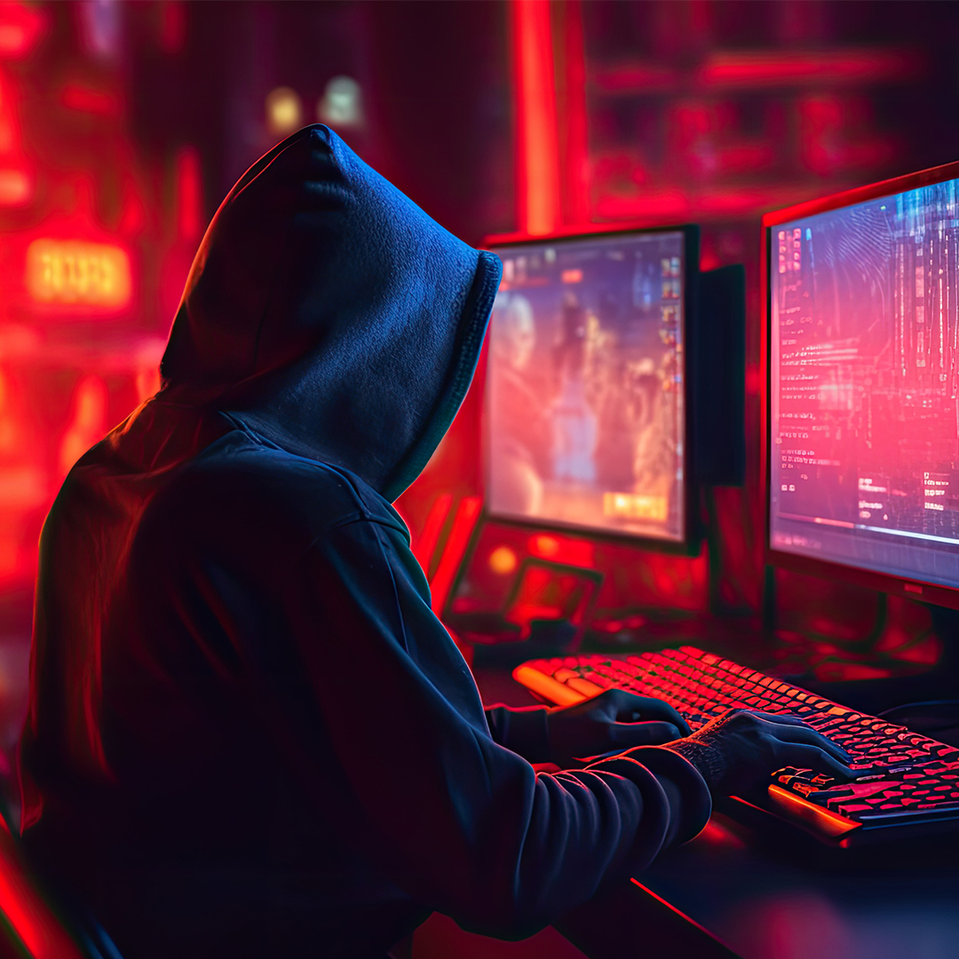 Zum Beitrag: 6 Tipps für den Schutz deiner personenbezogenen Daten! Zu sehen: Futuristische Person mit Kapuze vor Monitoren DGK_Blog_10_Datenschutz-header2.jpg