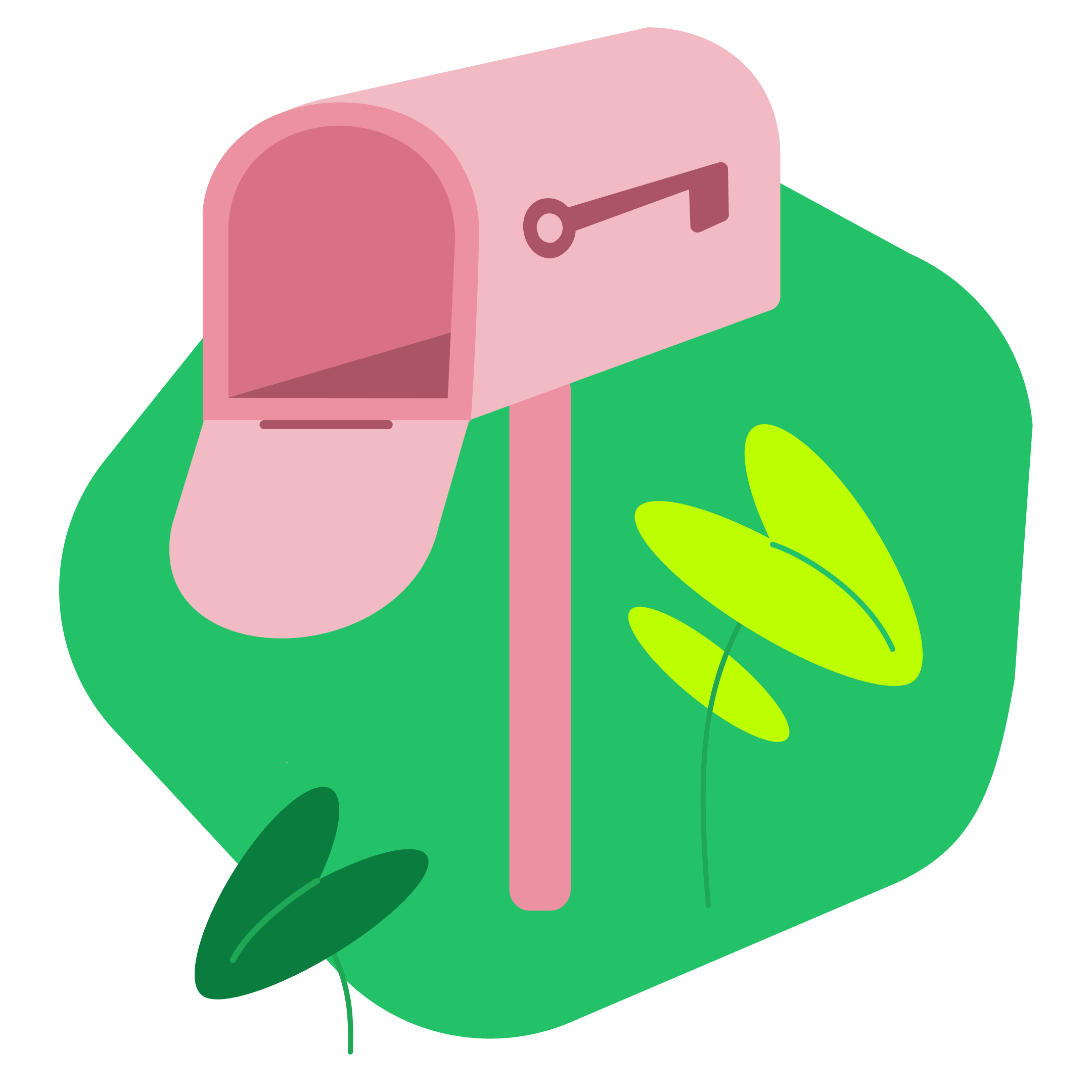 Moderne Illustration eines rosa Briefkastens mit Schlüssel und grünen sowie gelben Blattmotiven – Symbol für Newsletter-Anmeldung und Zugang zu BARMER Durchblickt Gesundheitsinformationen